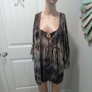 One World Live & Let Live Size XL Crushed Velvet Black and Gray Peasant Blouse